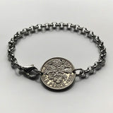 1962 United Kingdom Great Britain 6 Pence coin bracelet beach bridesmaid gift something old new English Tudor rose England Scottish thistle Scotland Irish shamrock Ireland Welsh leek Wales London Edinburgh Belfast Cardiff Manchester Newcastle b000064