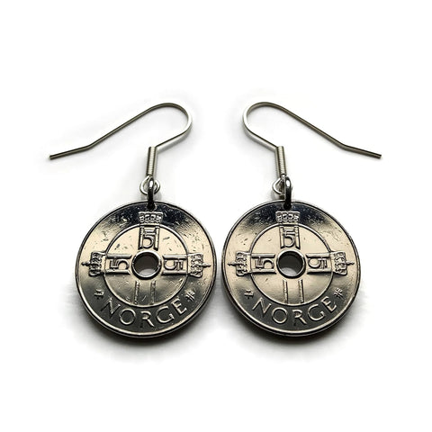 Norway Norge Noreg 1 Krone coin earrings jewelry Norwegian crown Norsk bird Setesdal Oslo Bergen Stavanger Sandnes Bokmal Nynorsk Alesund Nordic Scandinavia Viking Norse Den norske løve Trondheim Valle e000177