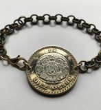 2005 Mexico 10 Pesos coin rolo link brass bracelet jewelry Aztec sun stone calendar Piedra del Sol Mexica sculpture Tōnatiuh Tlaltecuhtli Yohualtecuhtli Tenochtitlan Tecpatl knife Zócalo Templo Mayor Toltec Hidalgo b000077