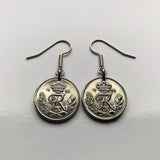 Denmark Danmark 10 Ore coin earrings Danish royal crown initial R Copenhagen Aarhus Odense Aalborg Esbjerg Dane Randers Kolding Horsens Funen Jutland Viking Scandinavia Nordic Roskilde Syddanmark Aabenraa Hillerød Zealand Vendsyssel Faroese Amager e000373