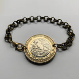 2005 Mexico 10 Pesos coin rolo link brass bracelet jewelry Aztec sun stone calendar Piedra del Sol Mexica sculpture Tōnatiuh Tlaltecuhtli Yohualtecuhtli Tenochtitlan Tecpatl knife Zócalo Templo Mayor Toltec Hidalgo b000077