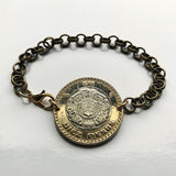 1998 Mexico 10 Pesos coin rolo link brass bracelet jewelry Aztec sun stone calendar Piedra del Sol Mexica sculpture Tōnatiuh Tlaltecuhtli Yohualtecuhtli Tenochtitlan Tecpatl knife Zócalo Templo Mayor Toltec Hidalgo b000077