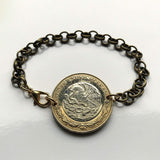 2005 Mexico 10 Pesos coin rolo link brass bracelet jewelry Aztec sun stone calendar Piedra del Sol Mexica sculpture Tōnatiuh Tlaltecuhtli Yohualtecuhtli Tenochtitlan Tecpatl knife Zócalo Templo Mayor Toltec Hidalgo b000077