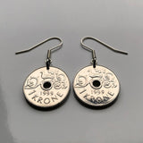 Norway Norge Noreg 1 Krone coin earrings jewelry Norwegian crown Norsk bird Setesdal Oslo Bergen Stavanger Sandnes Bokmal Nynorsk Alesund Nordic Scandinavia Viking Norse Den norske løve Trondheim Valle e000177