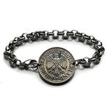 1954 Germany Deutschland 1 Mark coin rolo link bracelet black German eagle Berlin Hamburg Munich Cologne Frankfurt Stuttgart Düsseldorf Bavaria Dortmund Leipzig Bremen Dresden Rothenburg Heidelberg Hannover Saxony Essen Bonn Nuremberg Brandenburg b000113