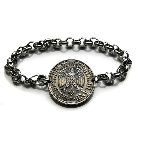 1962 Germany Deutschland 1 Mark coin rolo link bracelet black German eagle Berlin Hamburg Munich Cologne Frankfurt Stuttgart Düsseldorf Bavaria Dortmund Leipzig Bremen Dresden Rothenburg Heidelberg Hannover Saxony Essen Bonn Nuremberg Brandenburg b000113