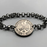 1954 Germany Deutschland 1 Mark coin rolo link bracelet black German eagle Berlin Hamburg Munich Cologne Frankfurt Stuttgart Düsseldorf Bavaria Dortmund Leipzig Bremen Dresden Rothenburg Heidelberg Hannover Saxony Essen Bonn Nuremberg Brandenburg b000113