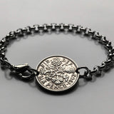 1962 United Kingdom Great Britain 6 Pence coin bracelet beach bridesmaid gift something old new English Tudor rose England Scottish thistle Scotland Irish shamrock Ireland Welsh leek Wales London Edinburgh Belfast Cardiff Manchester Newcastle b000064