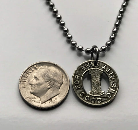 USA United States of America Buffalo New York IRC International Railway Company transit token coin pendant necklace jewelry street railway trolleybus One Fare transportation railroad Niagara Falls Erie County Lewiston Cheektowaga Depew n003325