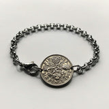 1962 United Kingdom Great Britain 6 Pence coin bracelet beach bridesmaid gift something old new English Tudor rose England Scottish thistle Scotland Irish shamrock Ireland Welsh leek Wales London Edinburgh Belfast Cardiff Manchester Newcastle b000064