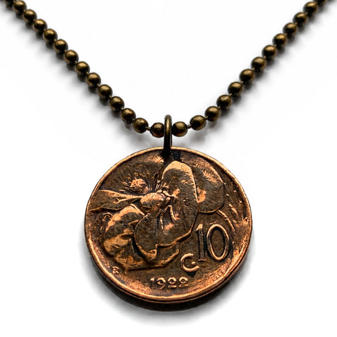 1922 Italia Italy 10 Centesimi coin pendant necklace honey bee bumble bee beekeeper honey farmers pollination beehive Roma Milan Florence Venice Verona Napoli Turin Palermo Parma Bergamo Pisa Matera Genoa Siena Modena Bari Sorrento Perugia Tuscany n000539