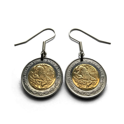 Mexico 1 Peso coin earrings jewelry Mexican eagle Ecatepec Juárez Tijuana Veracruz Culiacán Toluca Chiapas Guadalajara Monterrey Puebla Cancún Pachuca Morelia León Acapulco Durango Piedra del Sol e000183