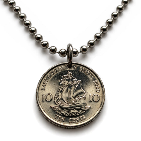 2000 East Caribbean States 10 Cents coin pendant Golden Hind galleon ship Antilles Caribbees Leeward British Virgin Windward Island n003960