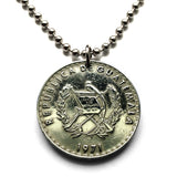 1971 Guatemala 25 Centavos coin pendant necklace jewelry Quetzal bird Mixco Villa Nueva Escuintla Huehuetenango Jutiapa Petapa Tikal Quiriguá Mayas n001829