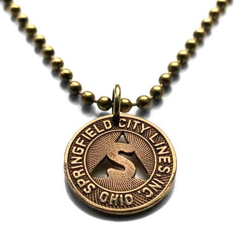 1948 USA Ohio Springfield City Lines transit token streetcar trolley bus coin pendant initial S Clark County The Champion City of Roses Mad River South Fountain Avenue Historic District Ridgewood Southgate Warder Park Columbus Dayton Eaton Peckuwe n002120