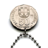 Portugal 50 Escudos coin pendant necklace Portuguese caravela ship Quinas Lisbon Porto Braga Sintra Coimbra Faro Lagoa Algarve Praia da Marinha Vasco da Gama navigator sail ocean sea n000366