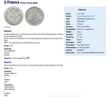 1943 French Vichy State France 2 Francs coin pendant The Francisque Labrys double axe WWII World War 2 Nazi Germany occupation Allier Massif Central Clermont-Ferrand Auvergne Rhône Alpes Cher Nièvre Saône Loire Paris Marshal Philippe Pétain n003649