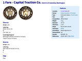 USA Washington DC Capital Transit Company Token pendant electric street cable car railway trolley Metrorail initial W One Fare Georgetown Capitol Hill the Armory Mount Pleasant Chevy Chase Anacostia 7th Street Wharves Boundary Wisconsin Ave n002098