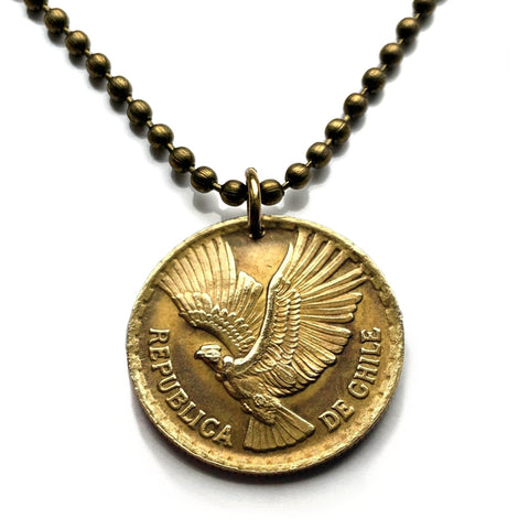 1966 Chile 5 Centesimos coin pendant necklace Chilean Andean Condor Santiago Concepcion Viña del Mar Mapuche Valparaiso Atacama Valdivia Antofagasta Rancagua Coquimbo Temuco Tarapaca Patagonia n000555