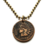 1904 USA Indian Head Penny Cent coin pendant Native American Indian First Nation Chief Tribal feathered headdress War bonnet Great Plains American Civil War Navajo Cherokee Choctaw Chippewa Sioux Apache Blackfeet Creek Iroquois Lumbee Chickasaw n000807b