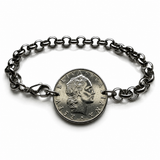 1987 Italy 50 Lire coin bracelet Italian jewelry Vulcan blacksmith god of fire laureate Roma Milan Florence Venice Verona Genoa Palermo Bologna Torino Napoli Cagliari San Gimignano Siena Modena Parma b000104