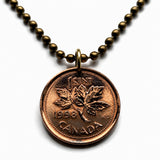 1998 Canada 1 Cent coin pendant necklace jewelry Canadian maple leaves twig Queen Elizabeth II Ottawa Montreal Quebec Toronto Ontario Vancouver Calgary British Columbia Alberta Nova Scotia New Brunswick Manitoba Nunavut Victoria beaver n003714