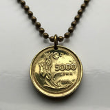 1996 Turkey Türkiye 5000 Lira coin pendant crescent moon star tulip flower sprigs Istanbul Ankara Mardin Antalya Canakkale Troy Trabzon Anatolia Göreme Kaş Ephesus Cappadocia Hierapolis İzmir Bursa Hattusa Pergamon Eskisehir Edirne Levent Ottoman n003434