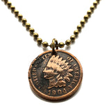 1904 USA Indian Head Penny Cent coin pendant Native American Indian First Nation Chief Tribal feathered headdress War bonnet Great Plains American Civil War Navajo Cherokee Choctaw Chippewa Sioux Apache Blackfeet Creek Iroquois Lumbee Chickasaw n000807b