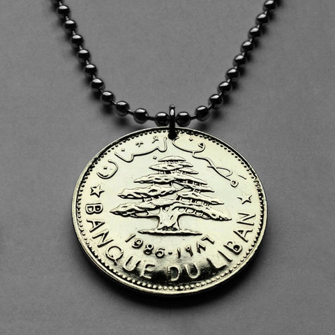 1981 Lebanon Liban 1 Livre coin pendant Lebanese cedar tree Beirut Tripoli Jounieh Zahlé Sidon Aley Tyre Byblos Beqaa Valley Levantine Arabic Baalbek Batroun Nabatieh Zgharta Bint Jbeil Bsharri Baakleen Anjar Mediterranean Middle East Raouché n001463