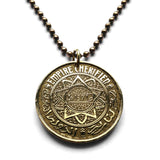 1952 Morocco Maroc 50 Francs coin pendant necklace jewelry Marinid Arabian Islamic Star Rub el Hizb tri lobe star pentagram Casablanca Rabat Fez Marrakesh Tangier Tetouan Salé Chefchaouen Maghreb Amazigh Derdja Berber moors Barbary n000917