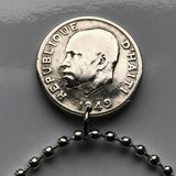 1949 Haiti 10 Centimes coin pendant necklace jewelry Haitian flags cannons palm tree Port-au-Prince Cap-Haïtien Carrefour Delmas Pétion-Ville Port-de-Paix Croix des Bouquets Jacmel Citadelle Laferrière French Léogâne n001270