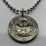 1949 Haiti 10 Centimes coin pendant necklace jewelry Haitian flags cannons palm tree Port-au-Prince Cap-Haïtien Carrefour Delmas Pétion-Ville Port-de-Paix Croix des Bouquets Jacmel Citadelle Laferrière French Léogâne n001270