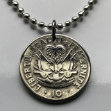 1949 Haiti 10 Centimes coin pendant necklace jewelry Haitian flags cannons palm tree Port-au-Prince Cap-Haïtien Carrefour Delmas Pétion-Ville Port-de-Paix Croix des Bouquets Jacmel Citadelle Laferrière French Léogâne n001270