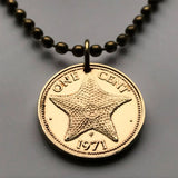 1971 Bahamas 1 Cent coin pendant necklace jewelry Bahamian starfish sea star Nassau Andros Exuma Junkanoo Rose Island Lighthouse Beach Rum Cay sea vacation n000500
