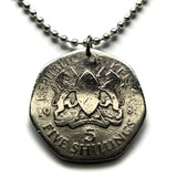 1985 Kenya 5 Shillings coin pendant Kenyan lions Nairobi East African shield Bantu Kikuyu Luhya Kalenjin Kiswahili Lamu KANU safari n001547