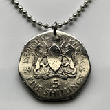 1985 Kenya 5 Shillings coin pendant Kenyan lions Nairobi East African shield Bantu Kikuyu Luhya Kalenjin Kiswahili Lamu KANU safari n001547