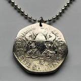 1985 Kenya 5 Shillings coin pendant Kenyan lions Nairobi East African shield Bantu Kikuyu Luhya Kalenjin Kiswahili Lamu KANU safari n001547
