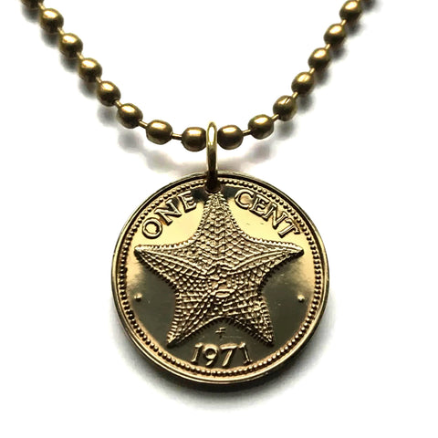 1971 Bahamas 1 Cent coin pendant necklace jewelry Bahamian starfish sea star Nassau Andros Exuma Junkanoo Rose Island Lighthouse Beach Rum Cay sea vacation n000500