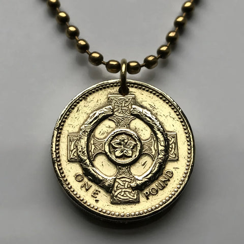 2001 Northern Ireland United Kingdom 1 Pound coin pendant Irish Celtic cross British harp Belfast Derry Saint Patrick's Saltire n002570