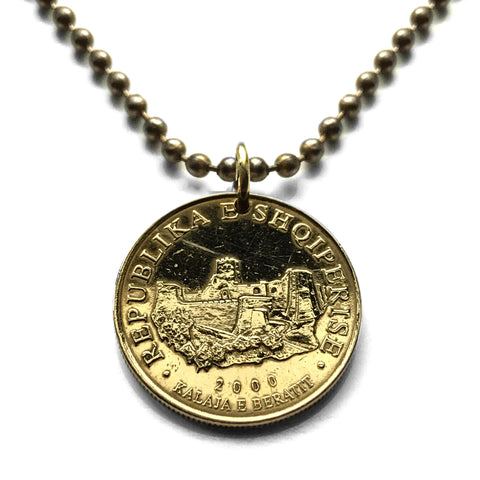 Albania Shqipëri 10 Leke coin pendant necklace Kalaja Beratit castle citadel fortress Mangalem Gorica Osum Skrapar Illyrians Tirana Vlorë Elbasan Shkodër Fier Korçë Lushnjë Pogradec Kavajë Gjirokastër Sarandë Gheg Tosk Shqiptar Laç Kukës n002083