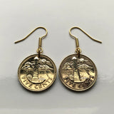 Barbados 5 Cents coin hook earrings Barbadian jewelry Bajan South Point Lighthouse Bridgetown Broken Trident dolphin fish pelican beach Lesser Antilles drietand Caribbees West Indies Crop Over Festival Errol Barrow Grand Kadooment Day Bimshire e000186