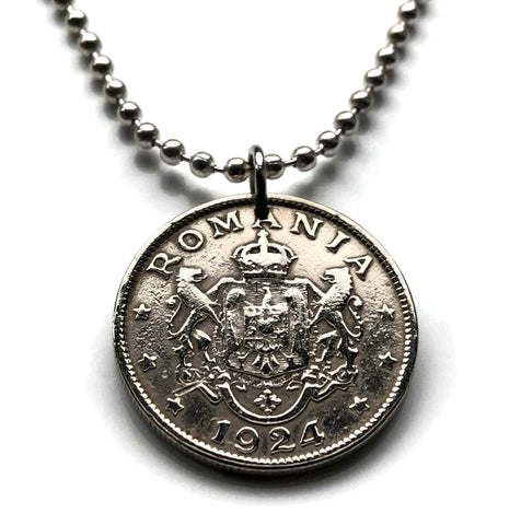 1924 Romania 1 Leu coin pendant Romanian lions eagle crown Bucharest Cluj-Napoca Iasi Constanta Wallachia Moldavia Timisoara Transylvania Bran Vlad Dracula's Castle Sibiu Brasov Peles Castle Roman Dacia Michael the Brave Vlachs Craiova Galati n000479