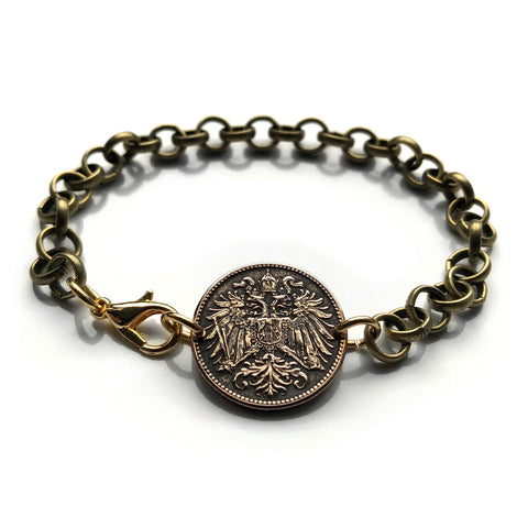 1911 Austria Österreich 2 Heller coin rolo link brass bracelet jewelry double headed eagle Austro-Hungarian Habsburg shield Vienna Salzburg Wien Graz Innsbruck Villach Sankt Pölten Wels Sölden Ischgl Gmunden Vorarlberg Zell am See Hungary b000071