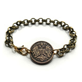 1907 Austria Österreich 2 Heller coin rolo link brass bracelet jewelry double headed eagle Austro-Hungarian Habsburg shield Vienna Salzburg Wien Graz Innsbruck Villach Sankt Pölten Wels Sölden Ischgl Gmunden Vorarlberg Zell am See Hungary b000071