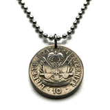 1958 Haiti 10 Centimes coin pendant necklace jewelry Haitian flags cannons palm tree Port-au-Prince Cap-Haïtien Carrefour Delmas Pétion-Ville Port-de-Paix Croix des Bouquets Jacmel Citadelle Laferrière French Léogâne n002407