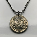 1958 Haiti 10 Centimes coin pendant necklace jewelry Haitian flags cannons palm tree Port-au-Prince Cap-Haïtien Carrefour Delmas Pétion-Ville Port-de-Paix Croix des Bouquets Jacmel Citadelle Laferrière French Léogâne n002407