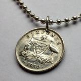 1956 Australia 6 Pence SILVER coin pendant Aussie shield Oz Kangaroo Emu Australian Sydney Perth Canberra Melbourne Queensland Victoria New South Wales Alice Springs Hobart Palmerston land down under Tasmanian Brisbane Adelaide Darwin n001251