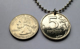 2015 Russia 5 Rubles coin pendant necklace Russian double headed eagle Moscow Saint Petersburg Novosibirsk Yekaterinburg Nizhny Novgorod Kazan Sochi Ivanovo Volga Petergof Pyatigorsk Astrakhan Samara Chelyabinsk Peter the Great Kremlin n001593