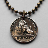 1902! Belgium 1 Centime coin pendant necklace Belgian lion Leopold First King of the Belgians Brussels Antwerp Bruges Ghent Liège Mons Flanders Flemish Hasselt Kortrijk Ostend Ypres Dinant Ardennes n001747
