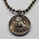 1902! Belgium 1 Centime coin pendant necklace Belgian lion Leopold First King of the Belgians Brussels Antwerp Bruges Ghent Liège Mons Flanders Flemish Hasselt Kortrijk Ostend Ypres Dinant Ardennes n001747